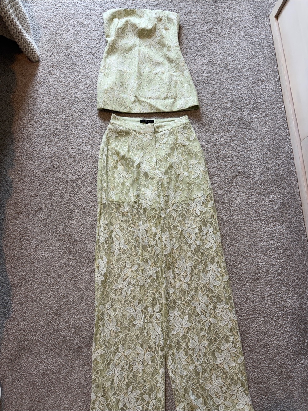 Lace Overlay Strapless Pant Set in Light Green